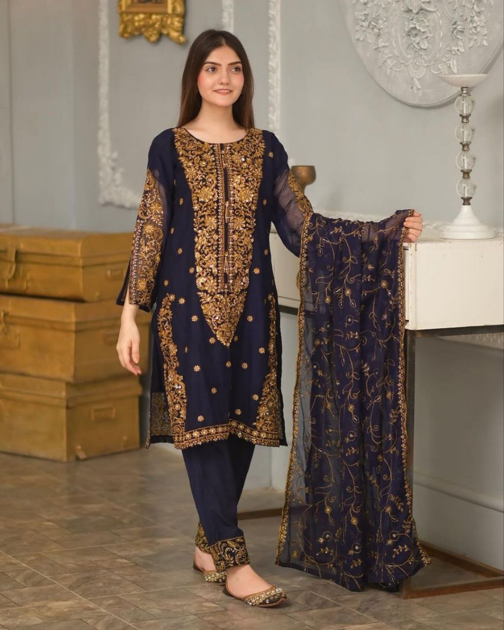 Ready To Wear Brown Pure Georgette Embroidery Work Pakistani Suit With Dupatta