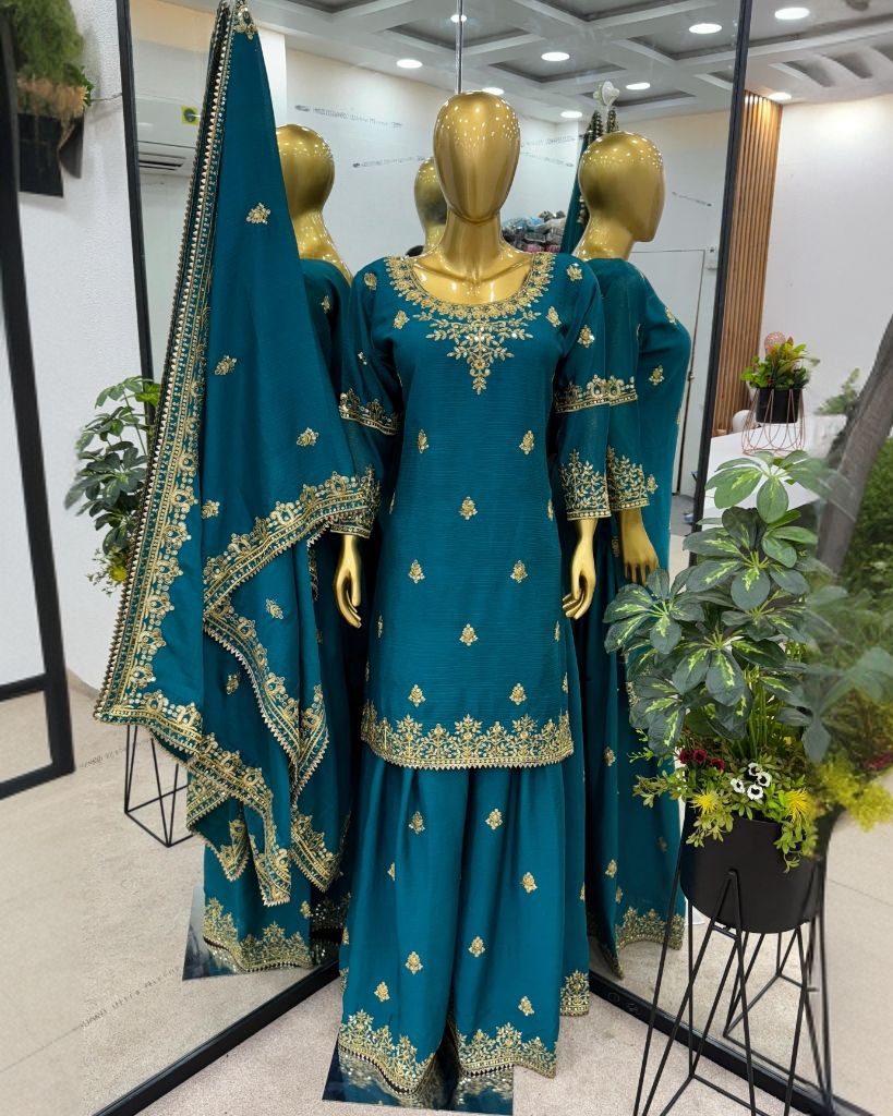 Beautiful Chinon Silk With Sequence Work Sharara Suit With Dupatta