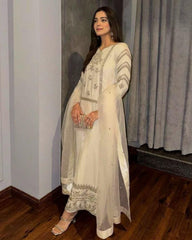 Adorable White Chinon Silk With Fancy Zari Thread Work Pant Suit With Dupatta