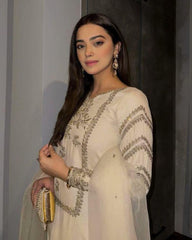 Adorable White Chinon Silk With Fancy Zari Thread Work Pant Suit With Dupatta