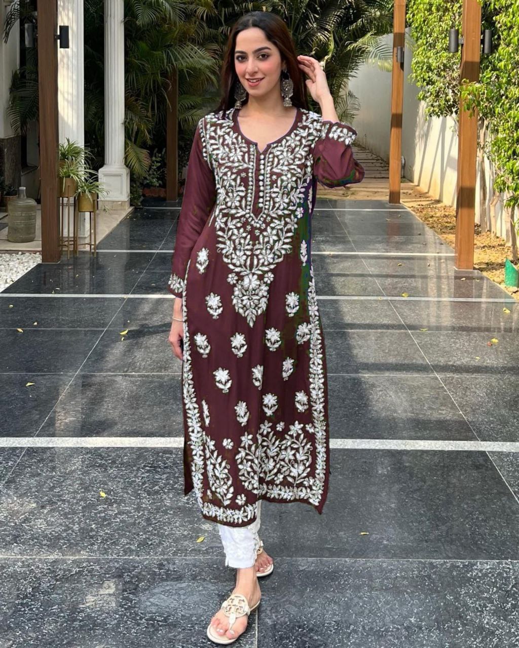 Ready To Wear Rayon Cotton Embroidery Work Chikan Kari Suit