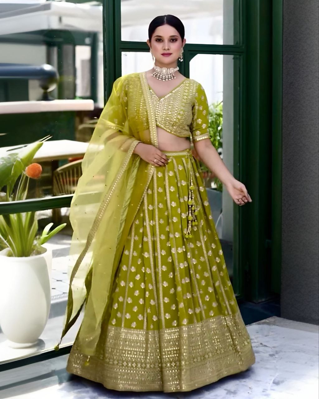 Gorgeous Green Chinon Silk With Fancy Sequence Work Lehenga Choli With Dupatta