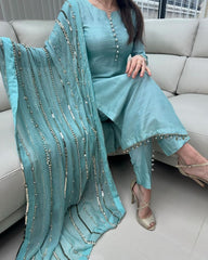 Beautiful Chinon Silk With Sequence Work Pant Suit With Dupatta