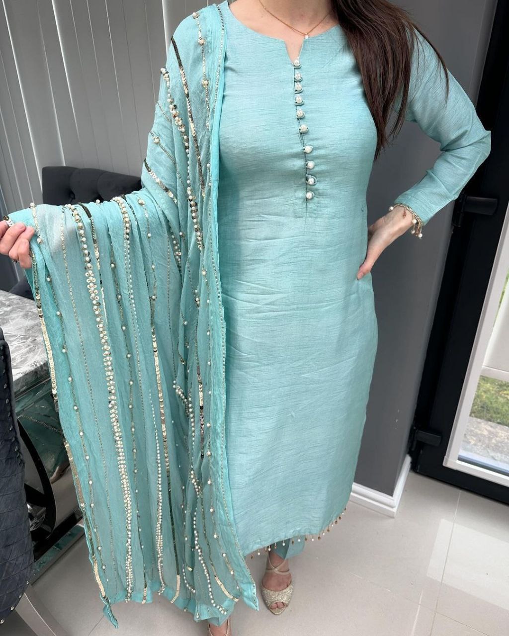 Beautiful Chinon Silk With Sequence Work Pant Suit With Dupatta
