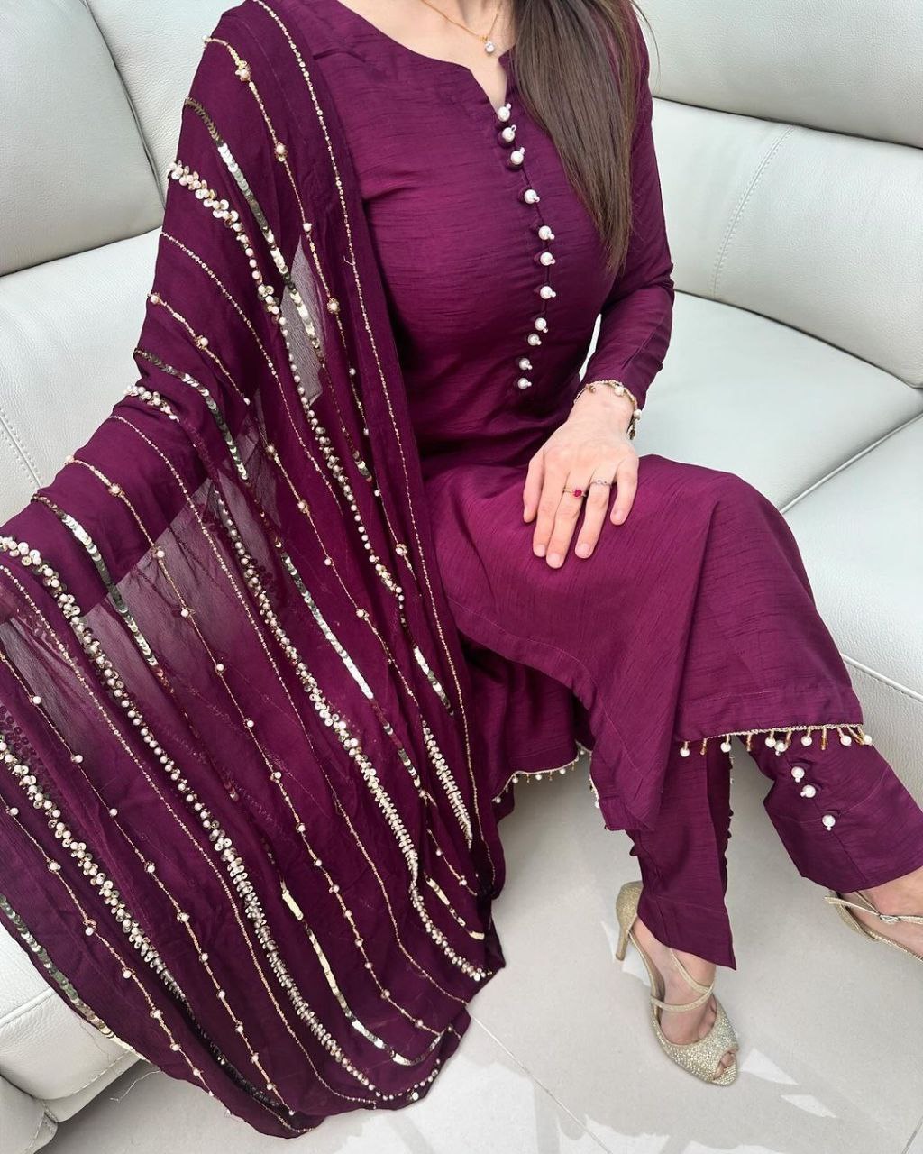 Beautiful Chinon Silk With Sequence Work Pant Suit With Dupatta