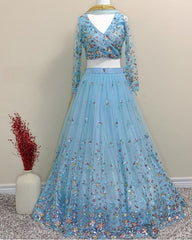 Beautiful Sky Blue Butterfly Net With Fancy Sequence Work Lehenga Choli With Dupatta