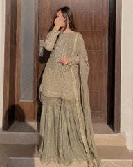 Ready To Wear Pure Georgette With Fancy Embroidery Thread Work Gharara Suit With Dupatta