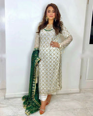 Ready To Wear Off White Pure Georgette Embroidery Work Pakistani Suit With Dupatta