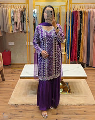 Adorable Purple Chinon Silk With Fancy Embroidery Thread Work Gharara Suit With Dupatta