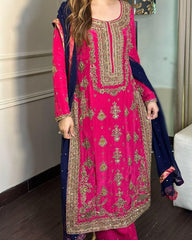 Beautiful Pink Chinon Silk With Zari Embroidery Thread Work Plazo Suit With Dupatta