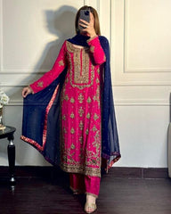 Beautiful Pink Chinon Silk With Zari Embroidery Thread Work Plazo Suit With Dupatta