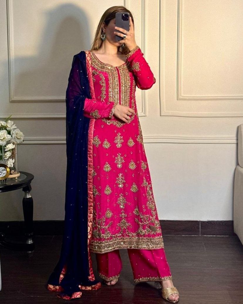 Beautiful Pink Chinon Silk With Zari Embroidery Thread Work Plazo Suit With Dupatta