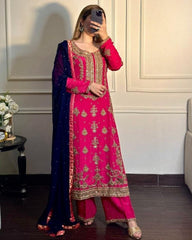 Beautiful Pink Chinon Silk With Zari Embroidery Thread Work Plazo Suit With Dupatta