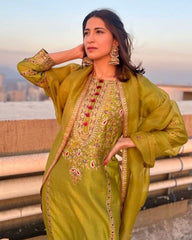 Gorgeous Mahendi Chinon Silk With Fancy Embroidery Thread Work Pent Suit With Dupatta