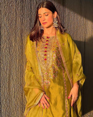 Gorgeous Mahendi Chinon Silk With Fancy Embroidery Thread Work Pent Suit With Dupatta