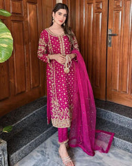 Adorable Pink Pure Georgette With Zari Embroidery Thread Work Plazo Suit With Dupatta