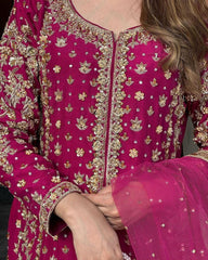 Adorable Pink Pure Georgette With Zari Embroidery Thread Work Plazo Suit With Dupatta