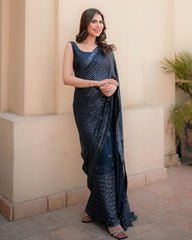 Adorable Blue Pure Georgette With Fancy Embroidery Thread With Sequence Work Saree