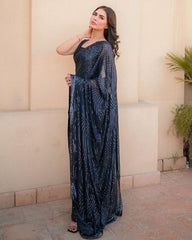 Adorable Blue Pure Georgette With Fancy Embroidery Thread With Sequence Work Saree