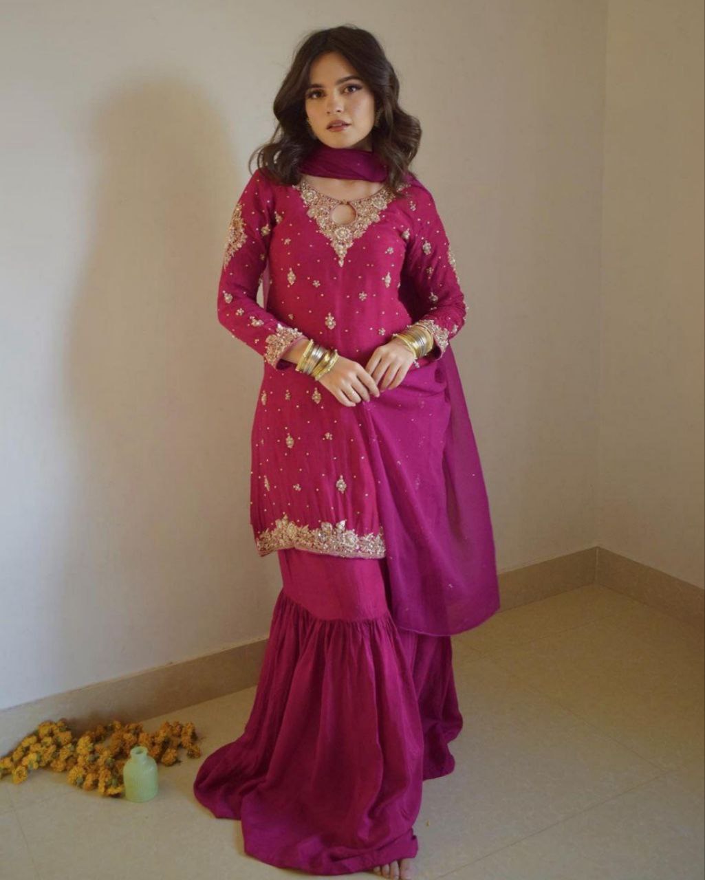 Adorable Pink Pure Georgette With Sequence Work Gharara Suit With Dupatta