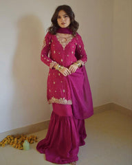 Adorable Pink Pure Georgette With Sequence Work Gharara Suit With Dupatta