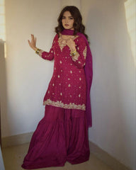 Adorable Pink Pure Georgette With Sequence Work Gharara Suit With Dupatta