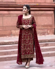 Adorable Maroon Pure Georgette With Sequence Work Plazo Suit With Dupatta
