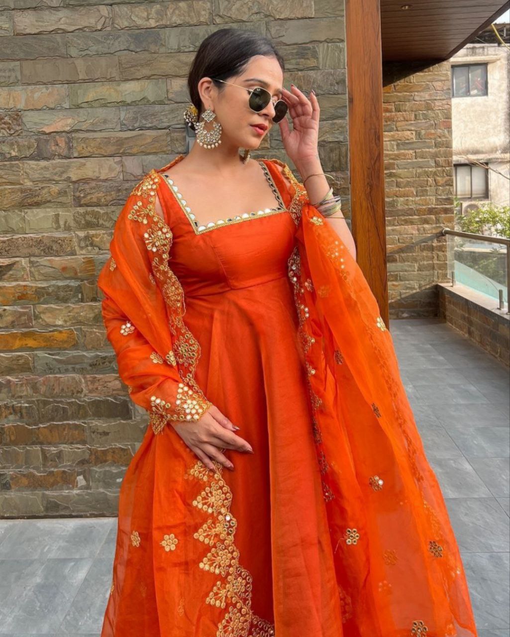 Beautiful Orange Pure Georgette With Sequence Work Gown Suit With Dupatta