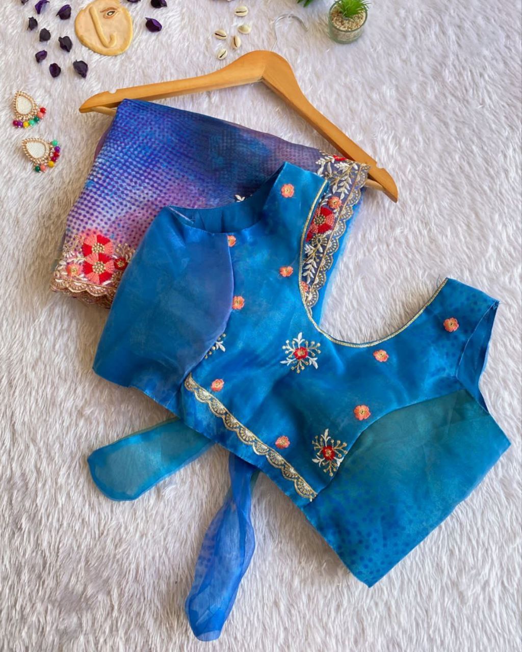 Beautiful Blue Organza Tissue Silk With Digital Print Work Saree