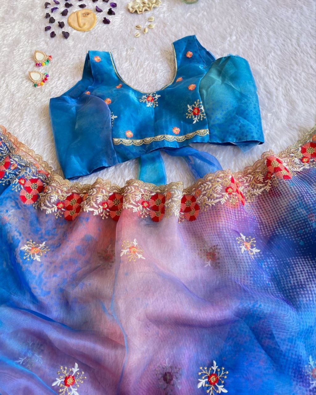 Beautiful Blue Organza Tissue Silk With Digital Print Work Saree