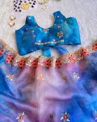 Beautiful Blue Organza Tissue Silk With Digital Print Work Saree