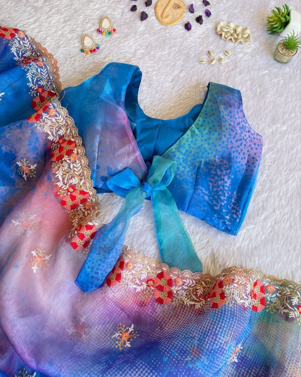 Beautiful Blue Organza Tissue Silk With Digital Print Work Saree