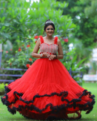 Designer Hot Red Net Embroidery Work Gown
