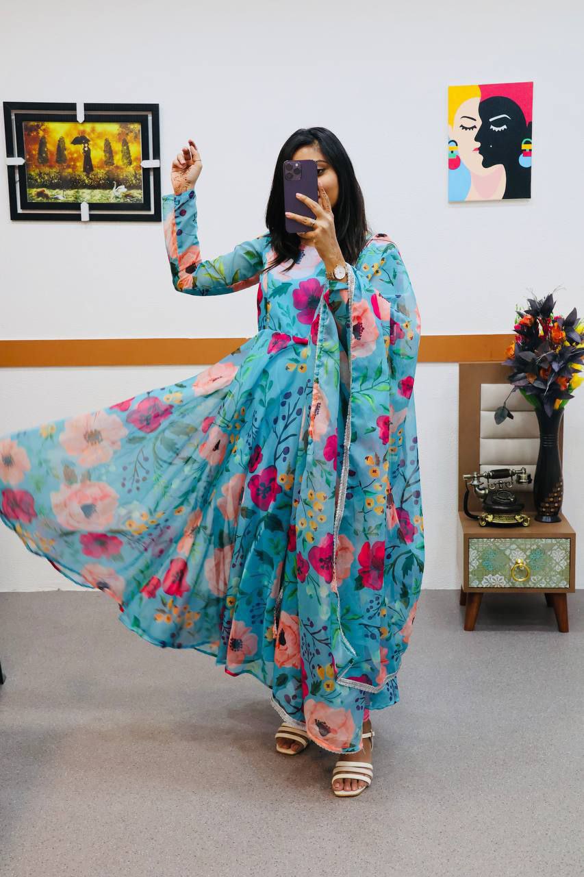 Designer Sky Net Floral Printed Anarkali Suit With Dupatta