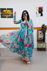 Designer Sky Net Floral Printed Anarkali Suit With Dupatta