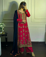 Beautiful Pink Chinon Silk With Fancy Embroidery Thread Work Plazo Suit With Dupatta