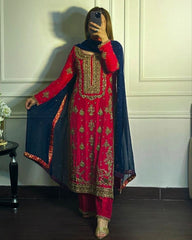 Beautiful Pink Chinon Silk With Fancy Embroidery Thread Work Plazo Suit With Dupatta
