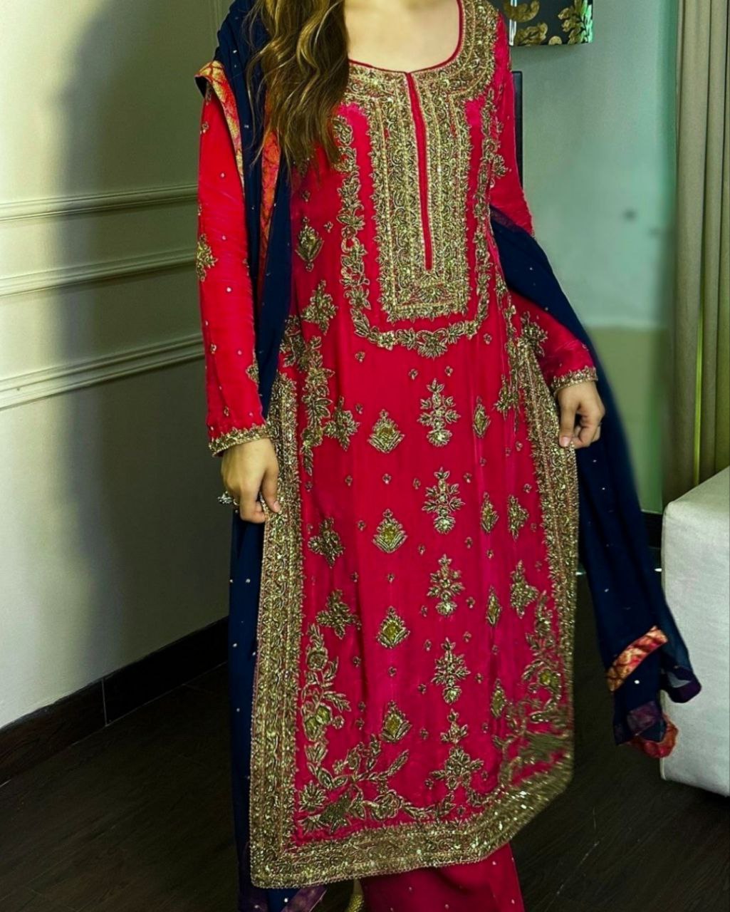 Beautiful Pink Chinon Silk With Fancy Embroidery Thread Work Plazo Suit With Dupatta