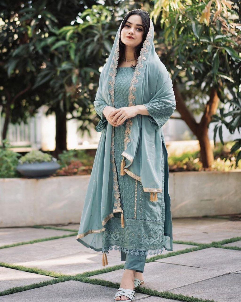 Beautiful Pure Georgette With Fancy Embroidery Thread Work Pant Suit With Dupatta