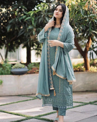Beautiful Pure Georgette With Fancy Embroidery Thread Work Pant Suit With Dupatta