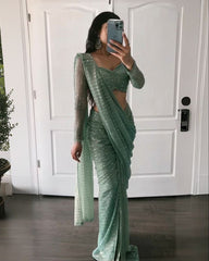 Adorable Green Imported Premium Net Embellished With Beautiful Heavy Tikli Work Saree