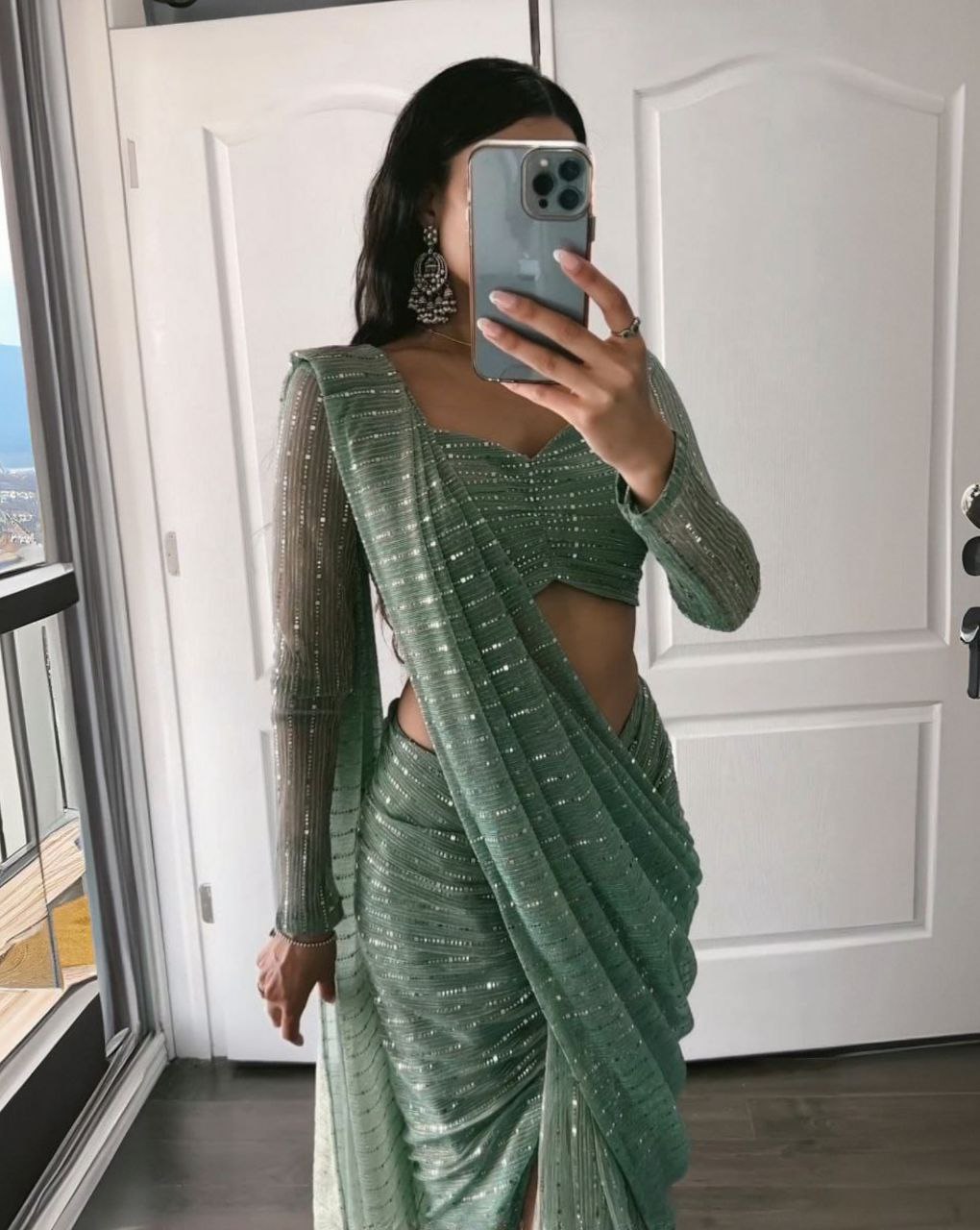 Adorable Green Imported Premium Net Embellished With Beautiful Heavy Tikli Work Saree