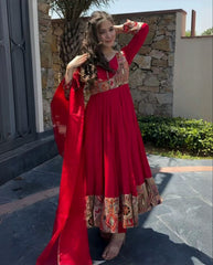 Beautiful Red Roman Silk With Fancy Embroidery Thread Work Anarkali Gown Suit With Dupatta