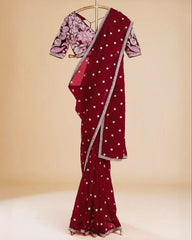 Beautiful Red Jimmy Choo Silk With Fancy Embroidery Thread With Sequence Work Saree