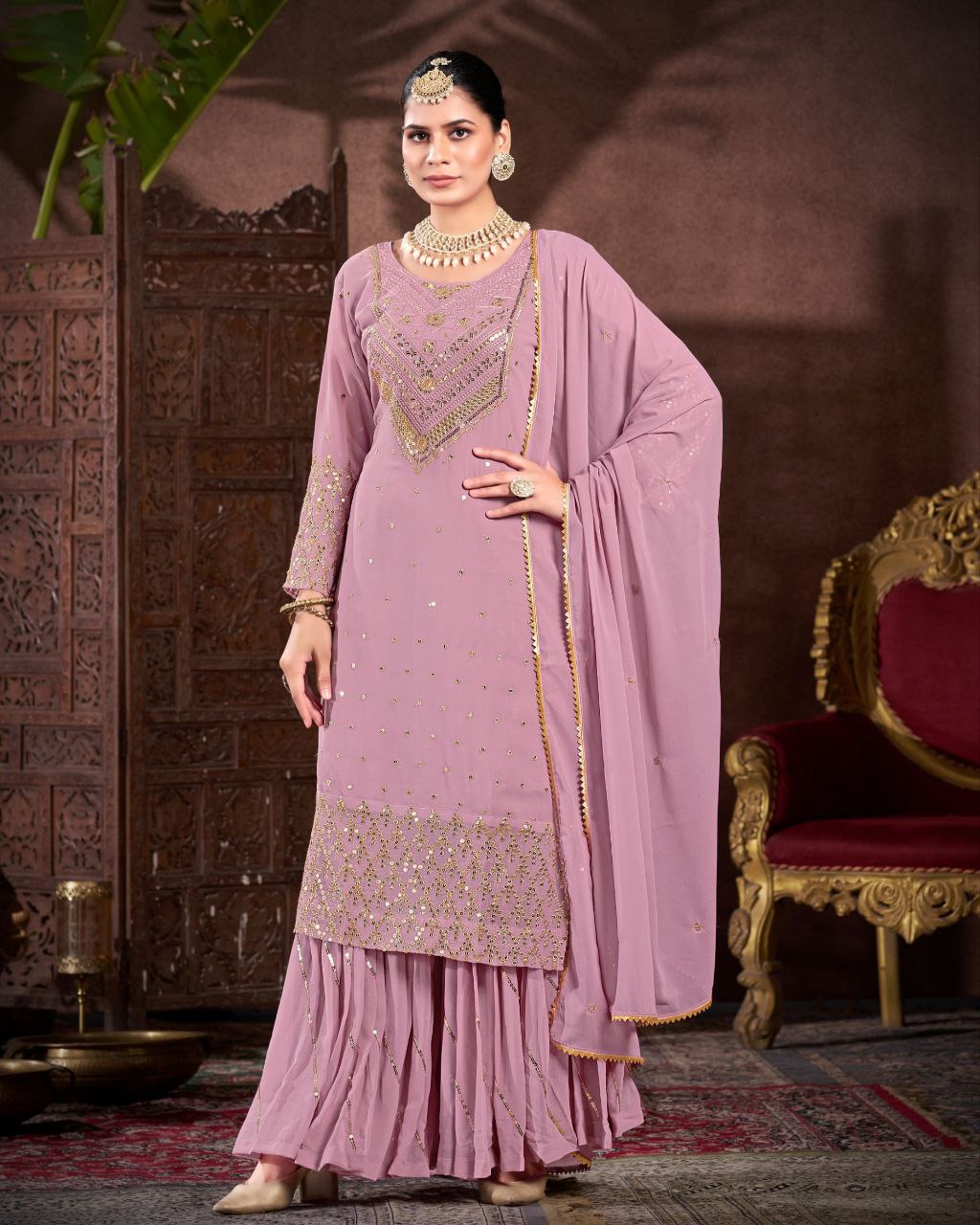 Ready To Wear Pure Georgette With Fancy Embroidery Work Plazo Suit With Dupatta