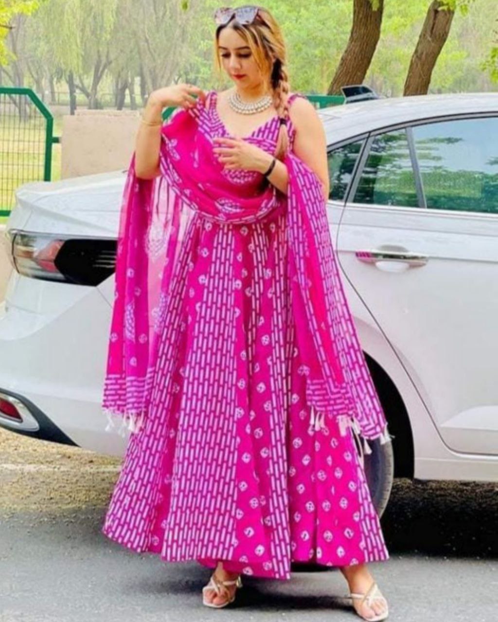 Designer Bright Pink Chinon Silk Digital Printed Anarkali Suit With Dupatta
