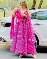 Designer Bright Pink Chinon Silk Digital Printed Anarkali Suit With Dupatta