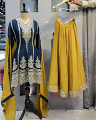 Beautiful Blue Chinon Silk With Fancy Embroidery Thread Work Sharara Suit With Dupatta