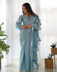 Gorgeous Sky Blue Jimmy Choo Organza Silk With Ruffle Pre Draped Saree