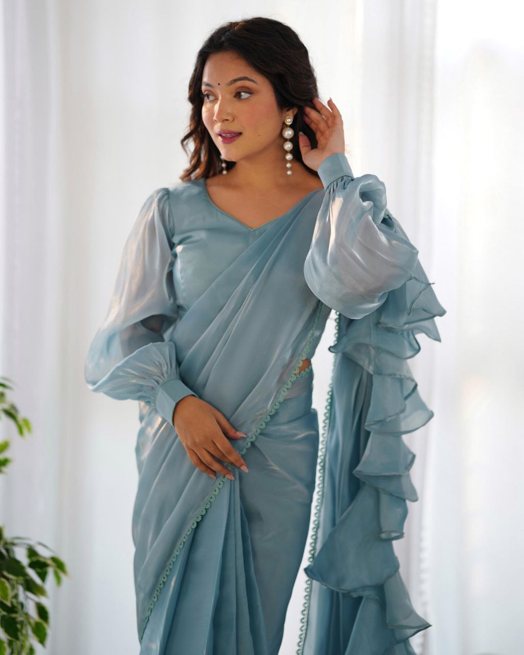 Gorgeous Sky Blue Jimmy Choo Organza Silk With Ruffle Pre Draped Saree